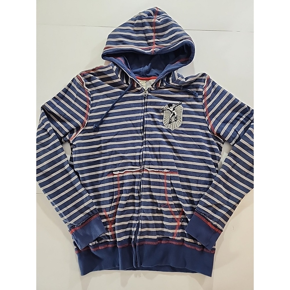 VTG Open Trails Hoodie Mens Large L Blue Striped Zip Up Sweatshirt Skater Y2K